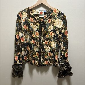 FARM Rio Siobhan Blouse size S Flare Sleeve Floral Button Top Boho Anthropologie